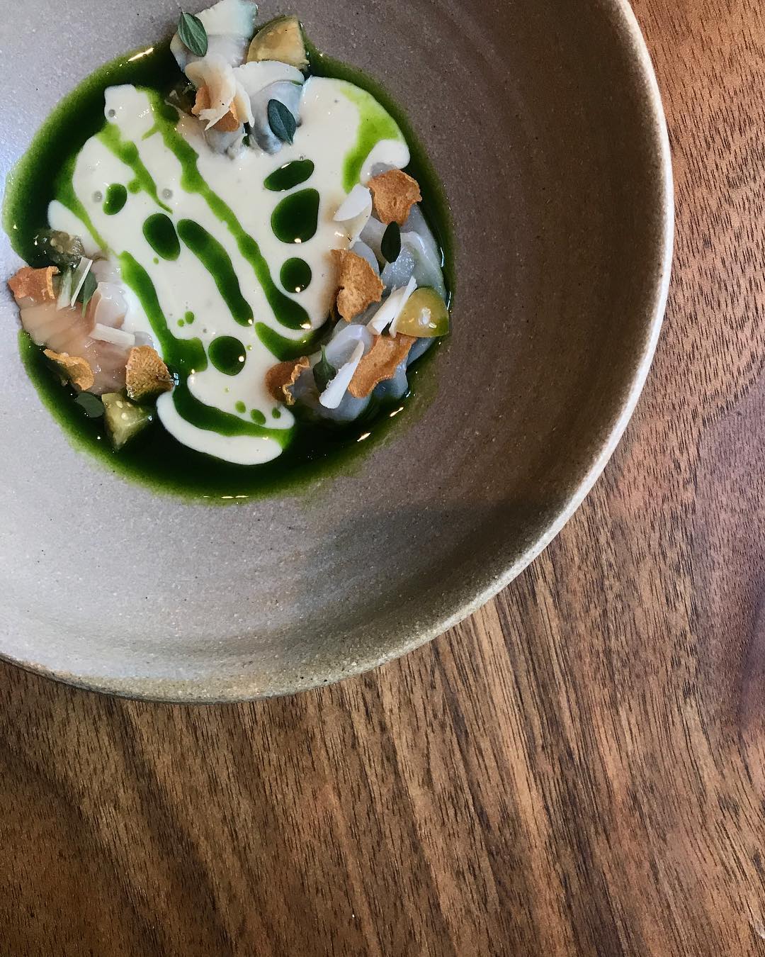 1 - Razor, surf and little neck clams with white gazpacho fermented peppers and fig leaf oil gem